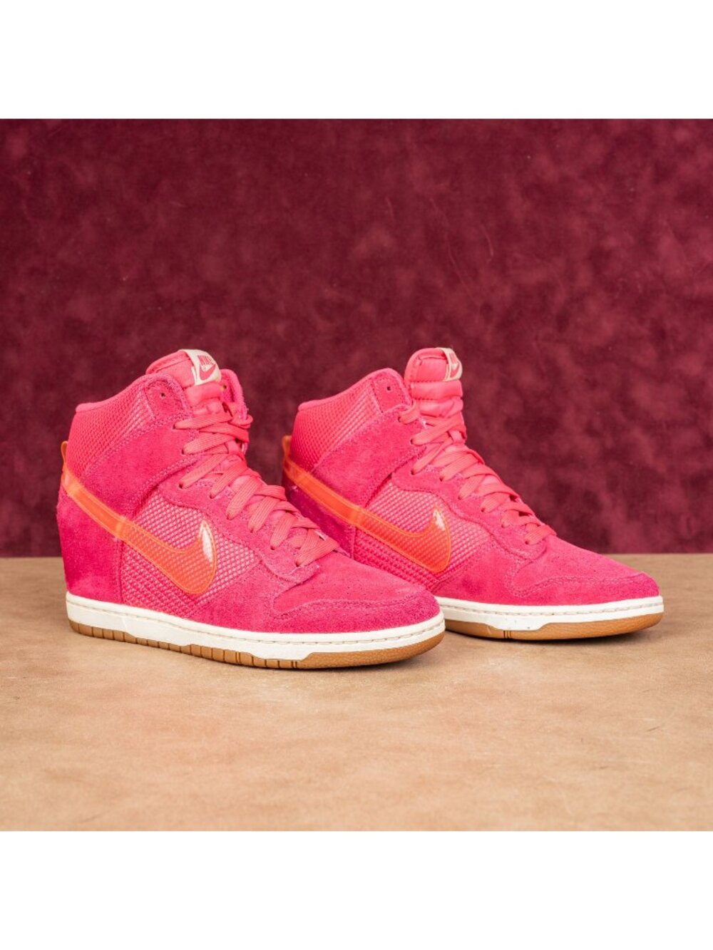 Nike Women Dunk Sky Hi Wedge Pink Suede Lace Sneakers size 8